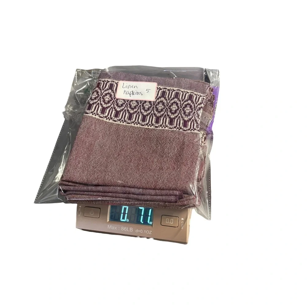 Vintage Handwoven Linen Napkins Set of 5 Plum Purple Geometric Border 13x15